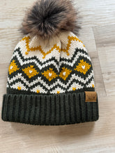 Load image into Gallery viewer, green, gold + cream nordic pom beanie