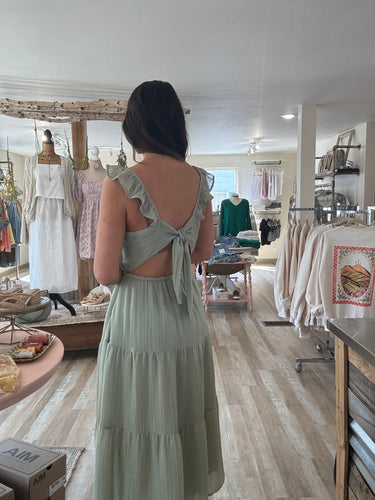 steady surplice top tiered sage midi dress