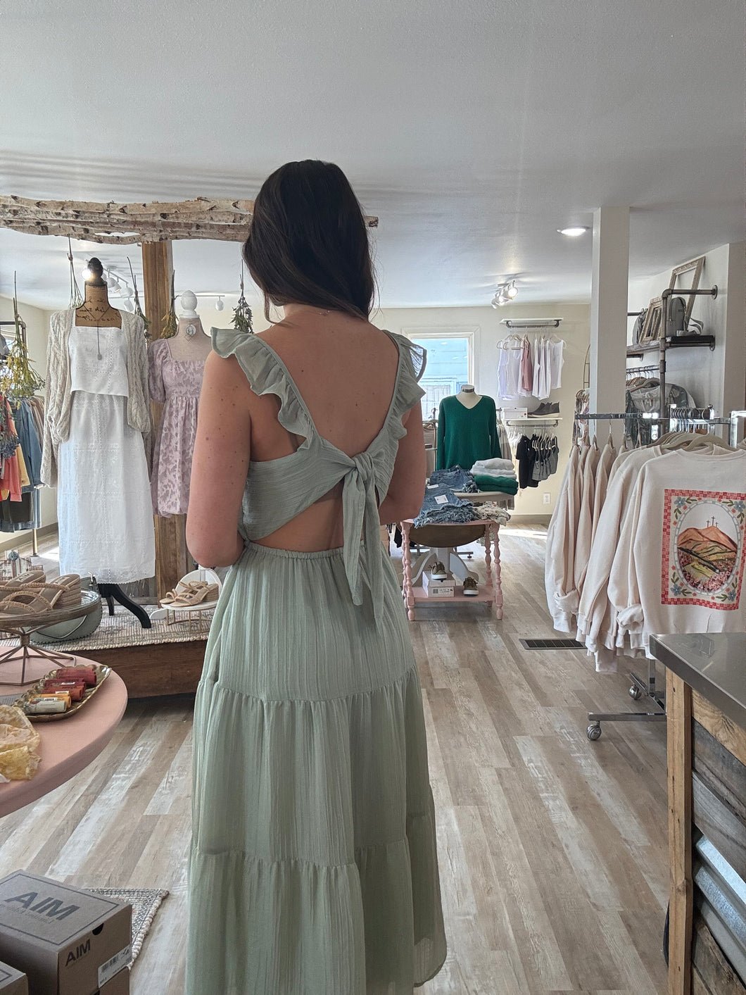 steady surplice top tiered sage midi dress