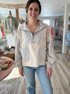 taupe stripe mix half-zip french terry sweatshirt