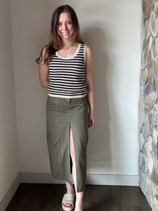 olive denim slit front long skirt