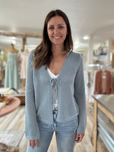 seafoam open knit tie front cardigan