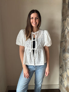 sunday stroll white eyelet front tie top