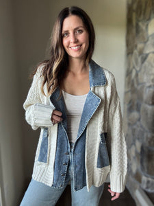 chunky knit cardigan with denim layer