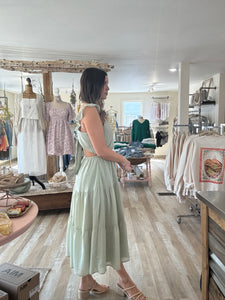 steady surplice top tiered sage midi dress
