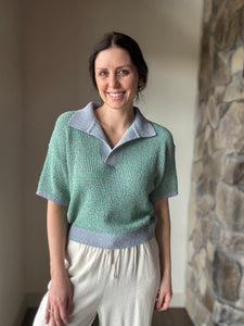 green + blue knit short sleeve collared top