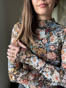 fall floral black mesh long sleeve top