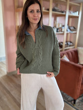 Load image into Gallery viewer, olive sweater + denim shirt mix
