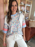 blue floral colorblock top