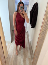 Load image into Gallery viewer, merlot satin pleated one shoulder midi dress