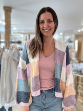 Load image into Gallery viewer, blue + lavender multi check cardigan