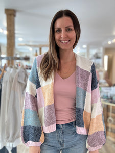 blue + lavender multi check cardigan