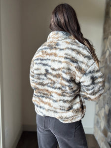 cream+brown sherpa jacket with black denim detailing