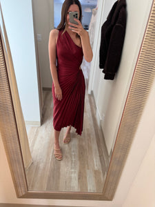 merlot satin pleated one shoulder midi dress