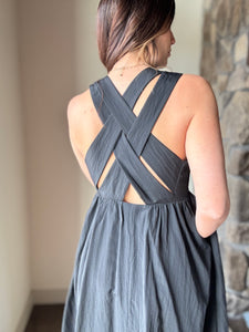 juno black cross back midi dress