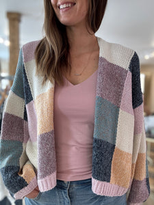 blue + lavender multi check cardigan