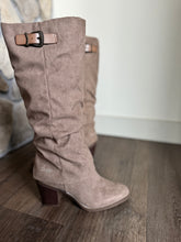 Load image into Gallery viewer, blowfish tall taupe microsuede heeled boot