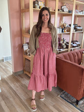 Load image into Gallery viewer, red gingham tiered midi dress