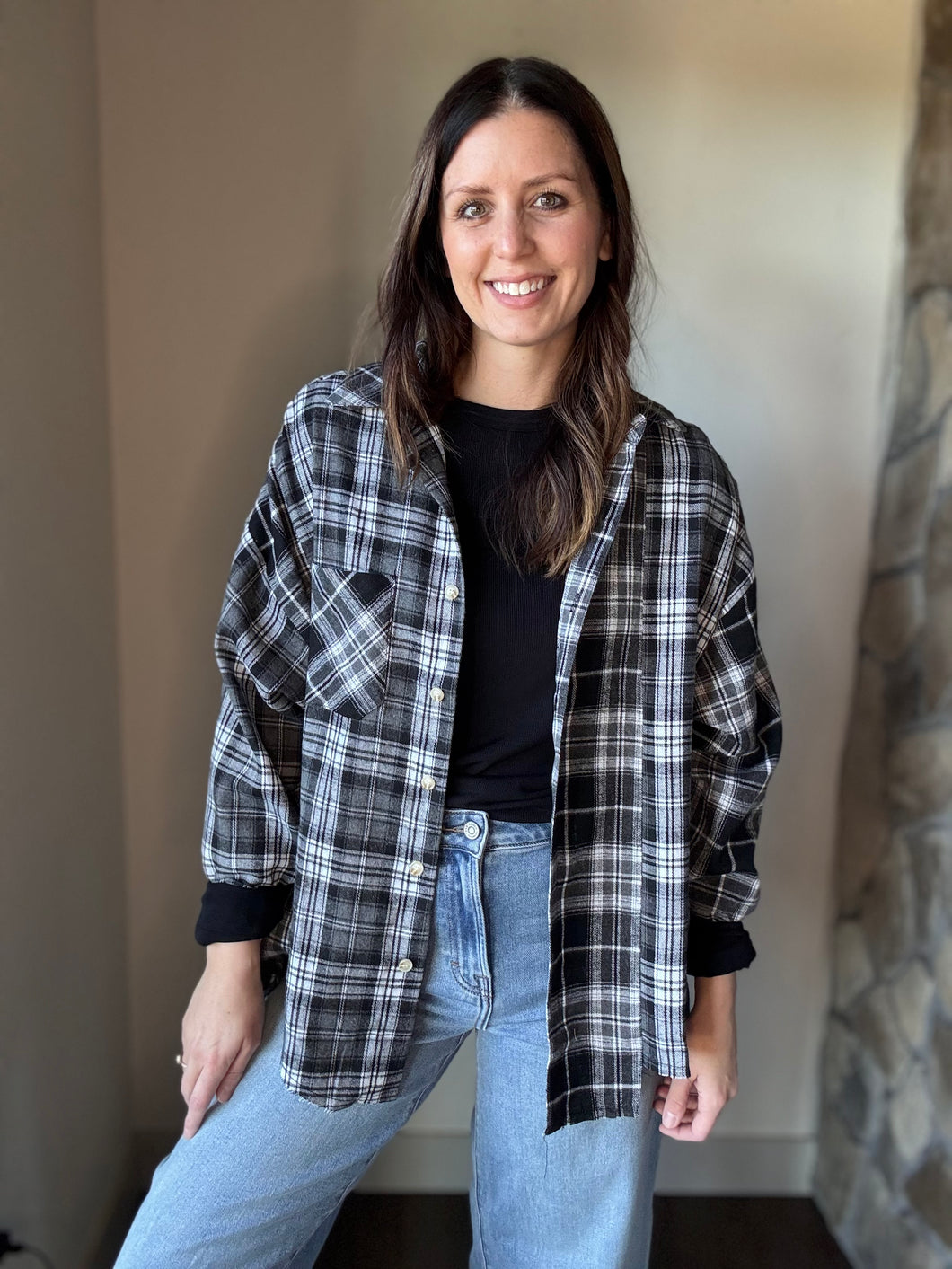 black, grey + white oversized flannel