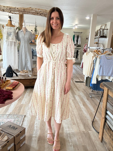 vintage pink floral cream button midi dress
