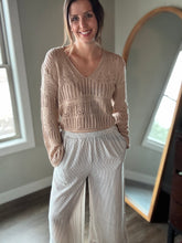 Load image into Gallery viewer, taupe v-neck crochet sweater