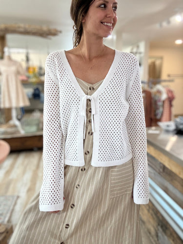 white open knit tie front cardigan