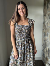Load image into Gallery viewer, charcoal blue floral midi dress