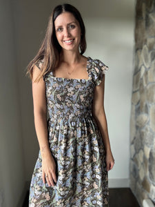 charcoal blue floral midi dress