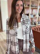 Load image into Gallery viewer, soft brown + sky plaid flannel shirt