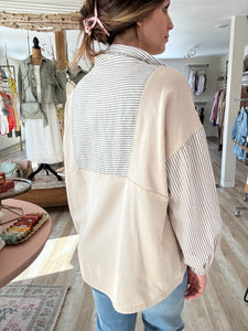 taupe stripe mix half-zip french terry sweatshirt