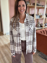 Load image into Gallery viewer, soft brown + sky plaid flannel shirt