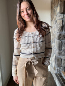 taupe + navy stripe cardigan sweater