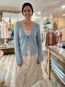 seafoam open knit tie front cardigan