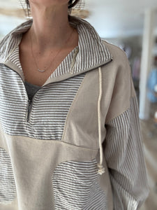 taupe stripe mix half-zip french terry sweatshirt