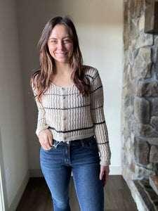 taupe + navy stripe cardigan sweater