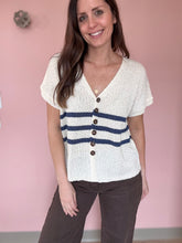 Load image into Gallery viewer, cream + navy stripe button top