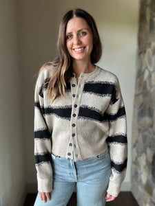 stone + black stripe button cardigan