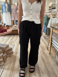 black cotton gauze cargo wide leg pants