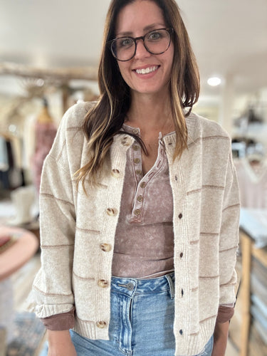 oatmeal + tan stripe button cardigan