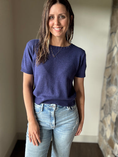 navy knit short sleeve top