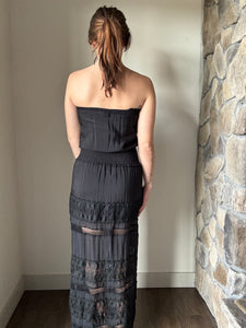 black crochet strapless maxi dress