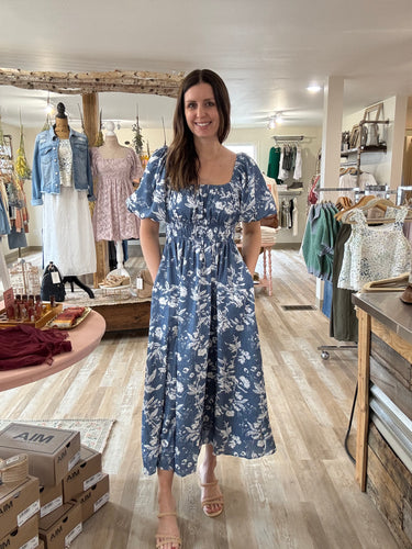 blue floral textured midi dress