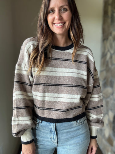 taupe, cream + black stripe loose fit sweater