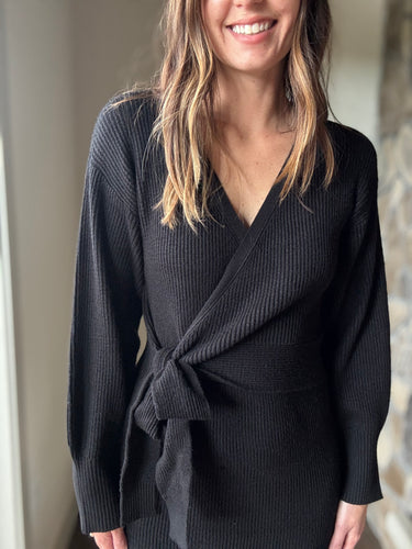 black wrap sweater midi dress