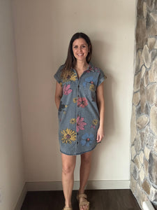 may flowers denim button down dress