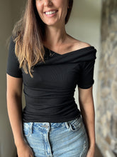 Load image into Gallery viewer, black asymmetrical twist ribbed top