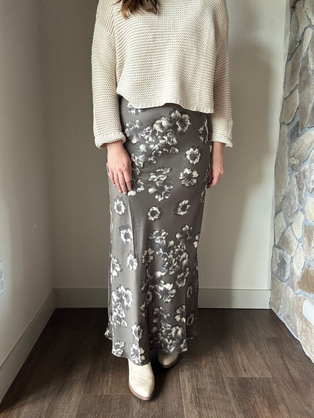silky stone floral maxi skirt