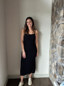 off the grid black ribbed midi dress