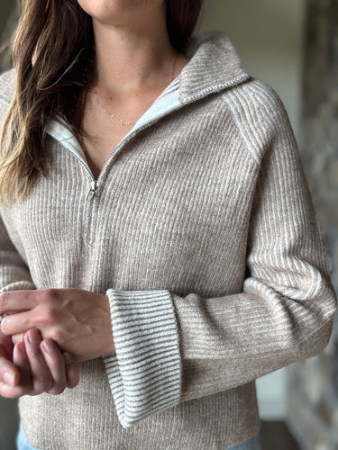 mocha mousse two-tone ribbed zip sweater