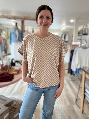 soft almond checkered dolman top